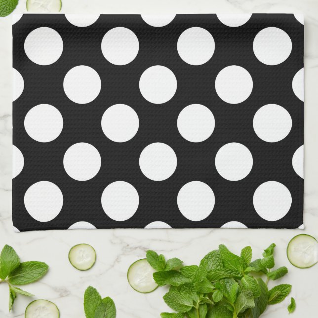 Black and White Polka Dots, Polka Dot Pattern Kitchen Towel (Folded)