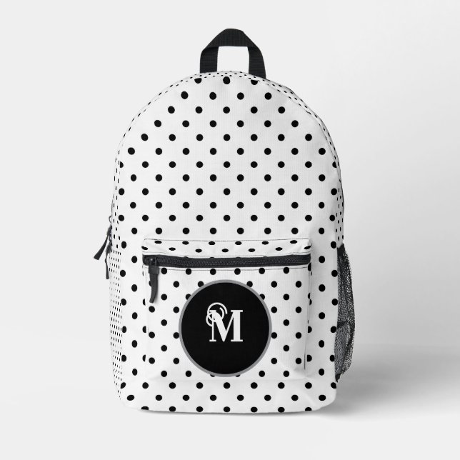 Black and white polka dots printed backpack (Front)