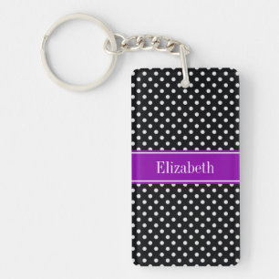 Black and White Polka Dots Purple Name Monogram Keychain