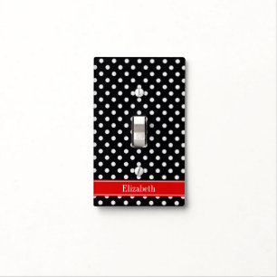 Black and White Polka Dots Red Name Monogram Light Switch Cover