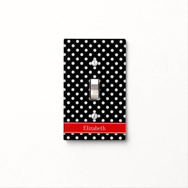 Black and White Polka Dots Red Name Monogram Light Switch Cover (In Situ)