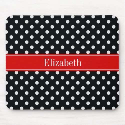 Black and White Polka Dots Red Name Monogram Mouse Pad