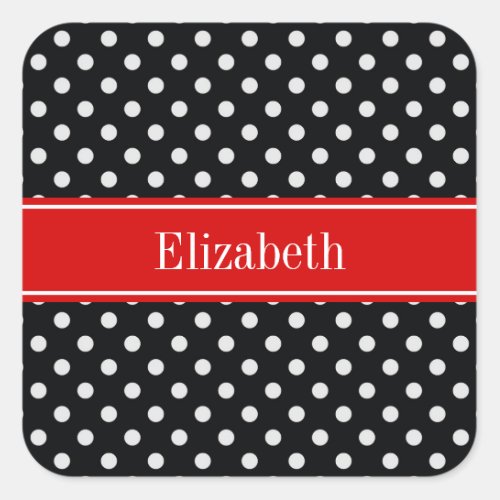 Black and White Polka Dots Red Name Monogram Square Sticker