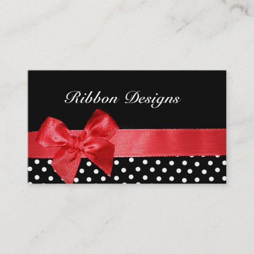 Black and white polka dots  red ribbon graphic business card