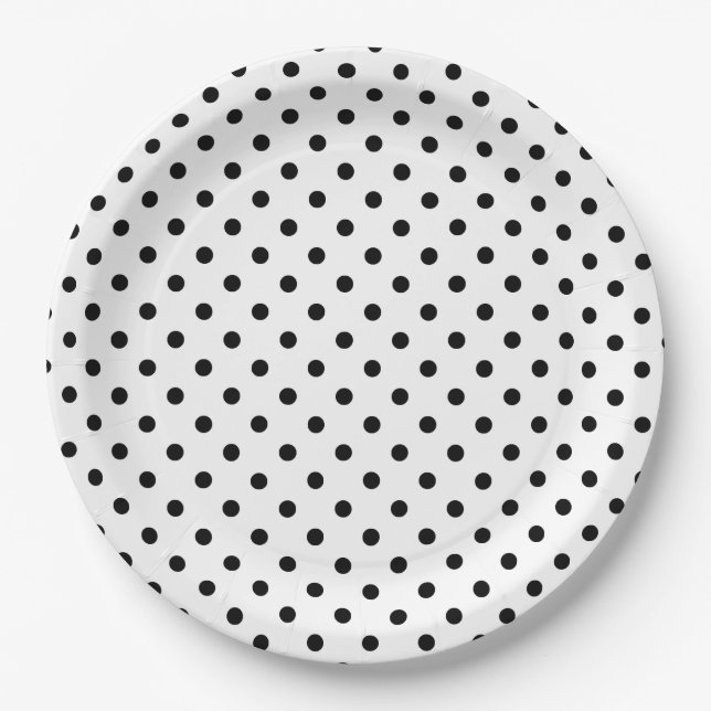 Black and White Polka dots Retro pattern  Paper Plates (Front)