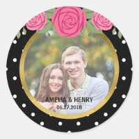 Black and White Polka Dots Roses Wedding Photo Classic Round Sticker