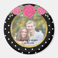 Black and White Polka Dots Roses Wedding Photo Magnet