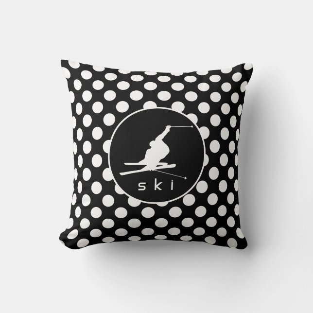 Black and White Polka Dots; Snow Ski Throw Pillow (Front)