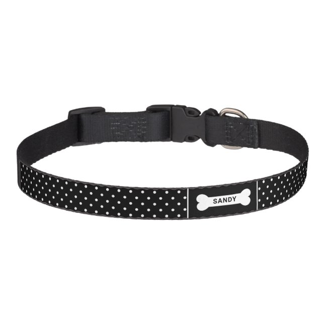 Black And White Polka Dots With Bone & Name Pet Collar (Front)