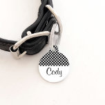 Black And White Polka Dots With Name And Number Pet Tag<br><div class="desc">White polka dots pattern on a black background color. There are also customizable text areas for the name of the pet and for a phone number.</div>