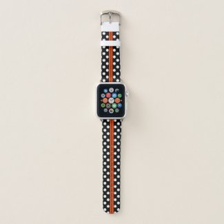 Black and white polka dots with orange stripe apple watch band