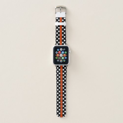 Black and white polka dots with orange stripe apple watch band