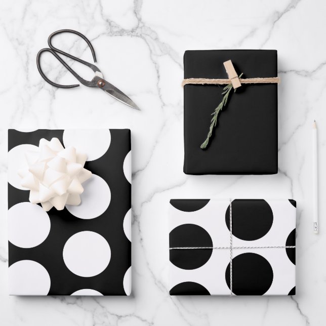 Black and White Polka Dots Wrapping Paper Sheets (Front)