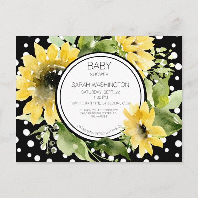 Black and White Polka Dotted Sunflower Baby Shower Invitation Postcard (Front)