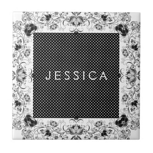 Black And White Polkadot With Floral Lace Frame Tile