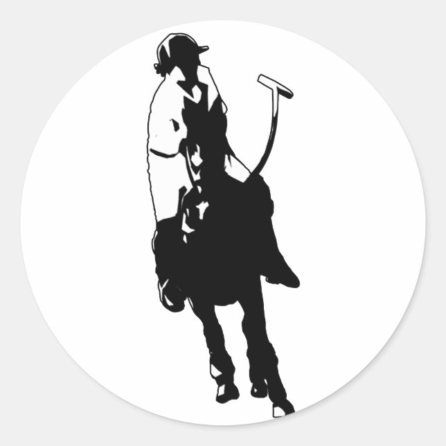 Black and White Polo Player Swinging Mallet Classic Round Sticker (Front)