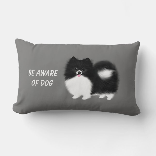 Black and White Pomeranian - Be Aware of Dog Lumbar Pillow (Front)
