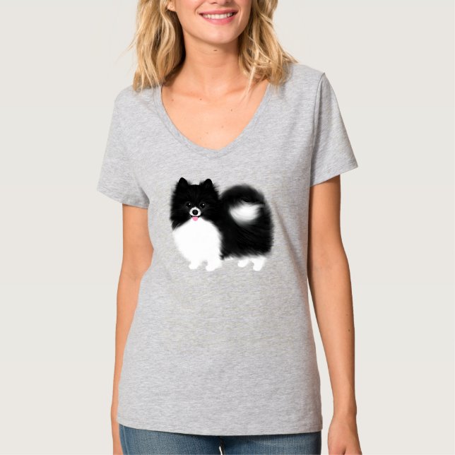 Black and White Pomeranian Cartoon Dog T-Shirt (Front)