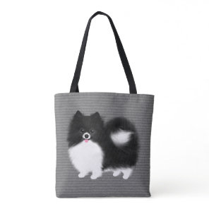 Black and White Pomeranian Cartoon Dog Tote Bag