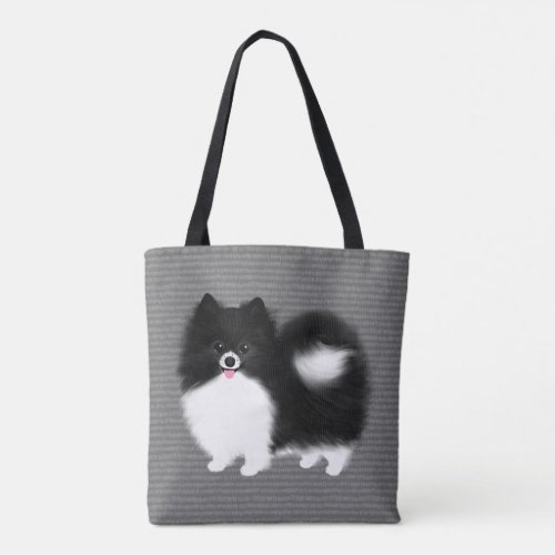 Black and White Pomeranian Cartoon Dog Tote Bag
