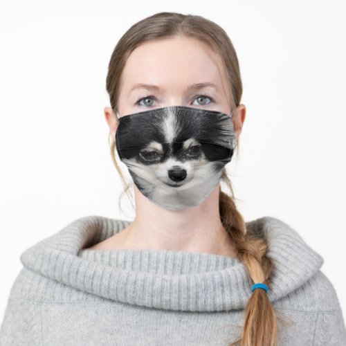 black and white Pomeranian dog face Adult Cloth Face Mask