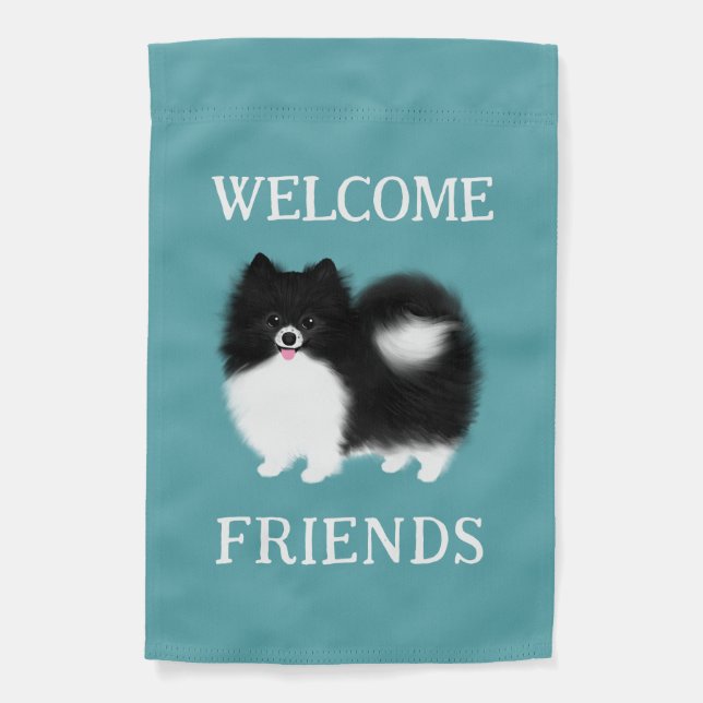Black and White Pomeranian Dog Welcome Friends Garden Flag (Front)