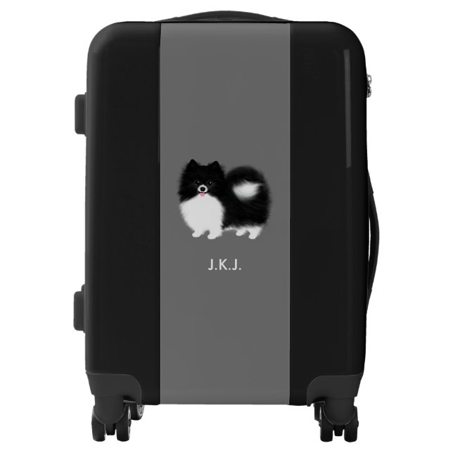 Black and White Pomeranian Dog with Custom Text Luggage (Front)