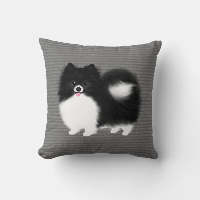 Black and White Pomeranian Happy Fluffy Dog Throw Pillow (Front)