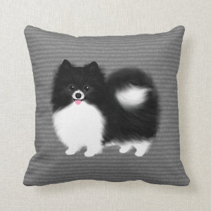 Black and White Pomeranian Happy Fluffy Dog Throw Pillow
