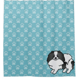 Black And White Pomeranian On Blue And Dog Paws Shower Curtain