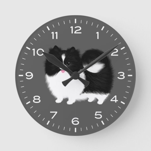 Black and White Pomeranian Parti Pom Round Clock