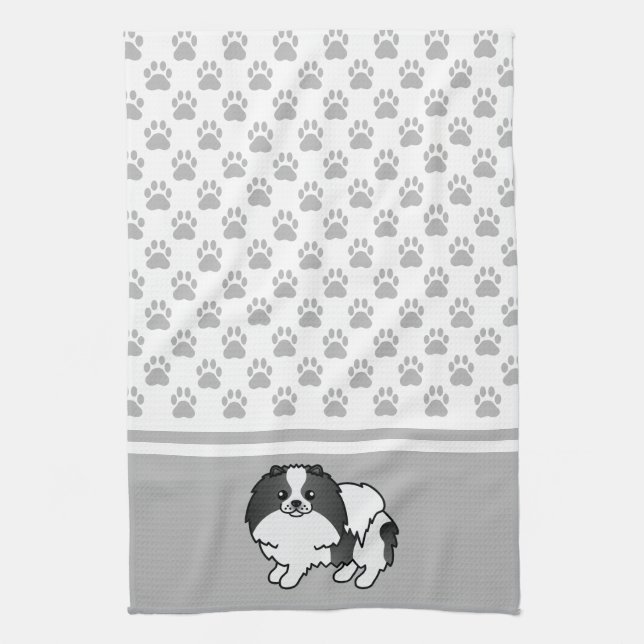 Black And White Pomeranian With Grey Paws Pattern Towel (Vertical)
