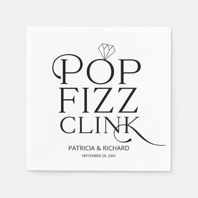 Black And White Pop Fizz Clink Engagement Party Napkins (Front)