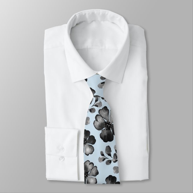 Black And White Poppy Greenery Light Blue Wedding Neck Tie (Tied)