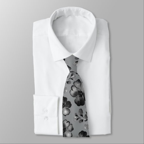 Black And White Poppy Greenery Mid Gray Wedding Neck Tie