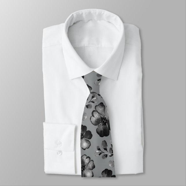 Black And White Poppy Greenery Mid Gray Wedding Neck Tie (Tied)