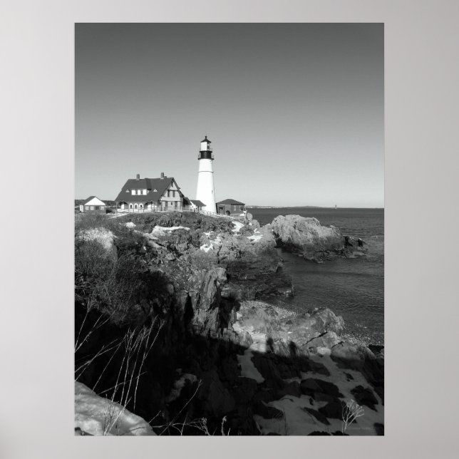 Black And White Portland Head Lighthouse Poster (Front)