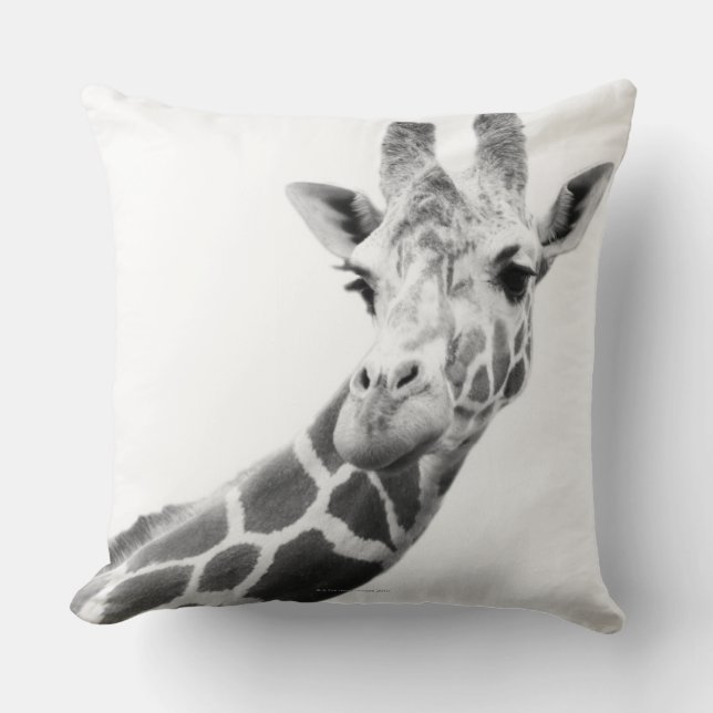 Black and white portrait of a giraffe throw pillow (Front)