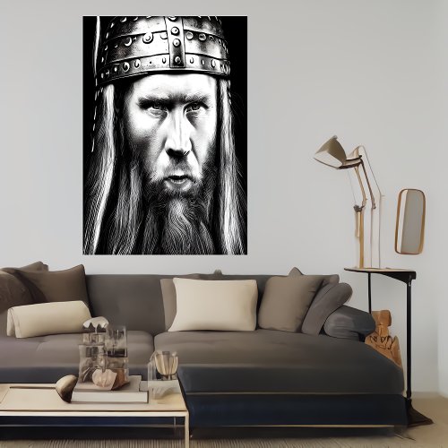 Black and white portrait of a viking  AI Art  Poster