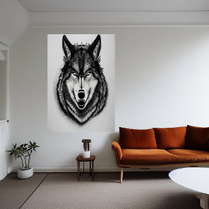 Black and white portrait of a wolf AI Art Poster
