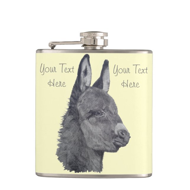 black and white portrait picture of cute donkey hip flask (Front)