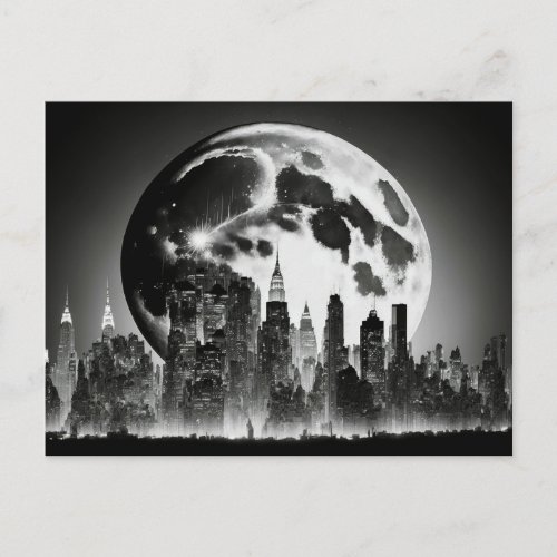 Black and White Postcard of a Full Moon and City 