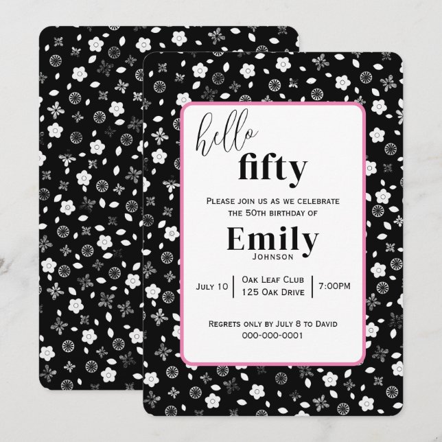 Black and White Posy for 50th Birthday Party Invitation (Front/Back)