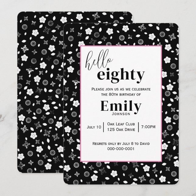 Black and White Posy for 80th Birthday Party Invitation (Front/Back)