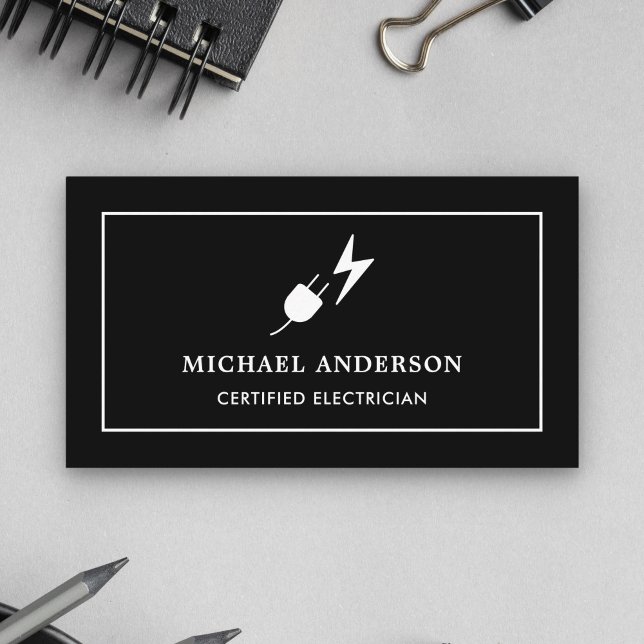 Black and White Power Plug Certified Electrician Business Card (Creator Uploaded)
