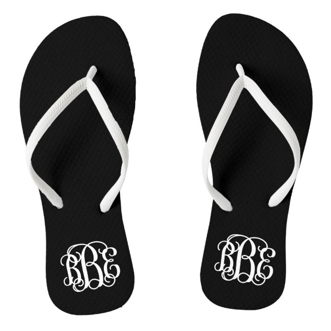 Black and White Preppy Script Monogram Flip Flops (Footbed)