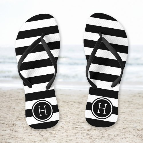 Black and White Preppy Stripes Monogram Flip Flops