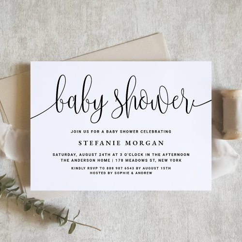 Black and White Pretty Calligraphy Baby Shower Invitation