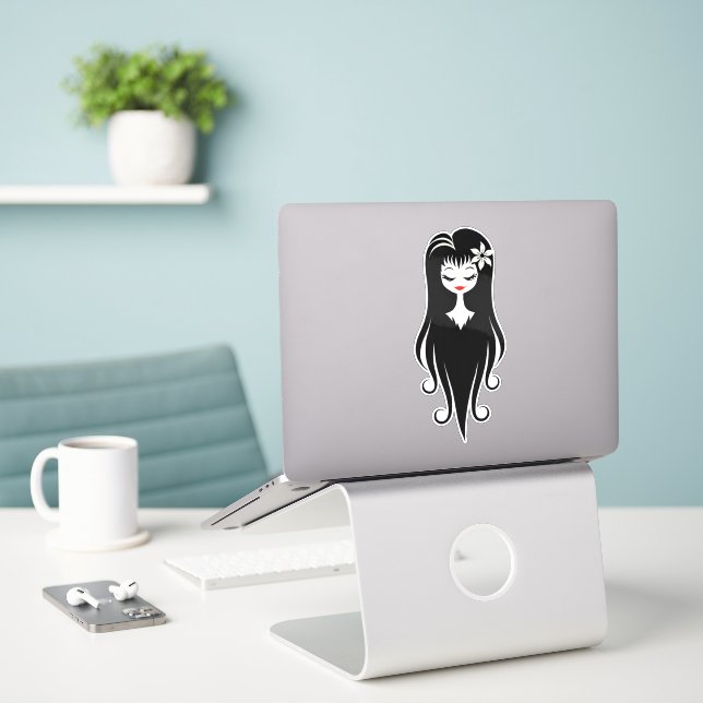 Black and White Pretty Ghoul Sticker (Laptop On Desk)
