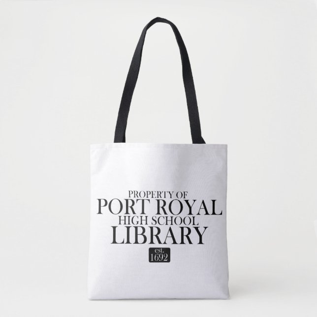 Black and white PRHS LIBRARY tote bag. (Front)